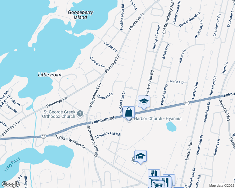 map of restaurants, bars, coffee shops, grocery stores, and more near 91 Captain Ellis Lane in Barnstable
