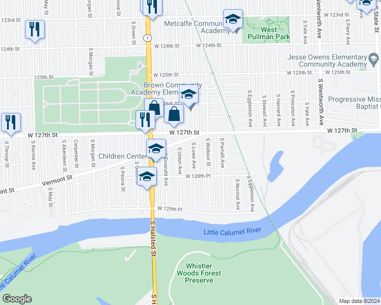 map of restaurants, bars, coffee shops, grocery stores, and more near 12744 South Lowe Avenue in Chicago