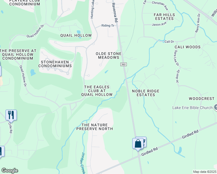 map of restaurants, bars, coffee shops, grocery stores, and more near 7676 Thorntail Court in Painesville