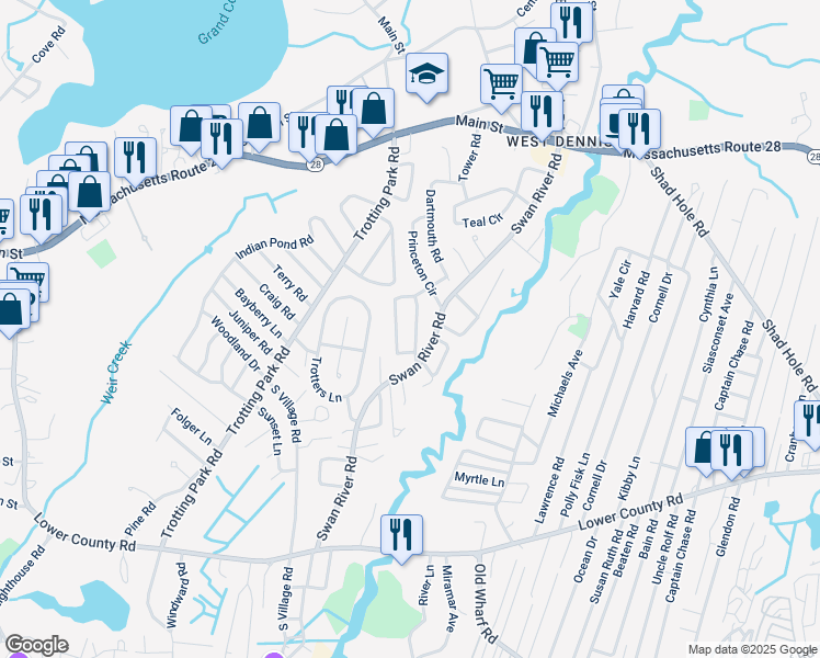 map of restaurants, bars, coffee shops, grocery stores, and more near 28 Salt Meadow Road in Dennis