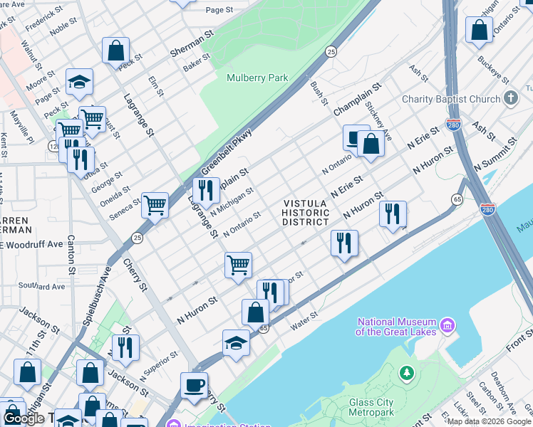 map of restaurants, bars, coffee shops, grocery stores, and more near 802 Chestnut St in Toledo