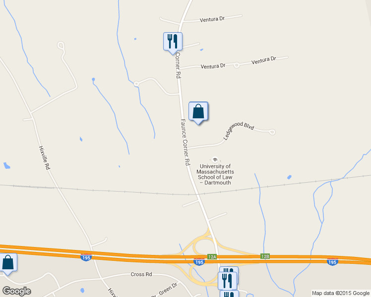 map of restaurants, bars, coffee shops, grocery stores, and more near Faunce Corner Road in Dartmouth