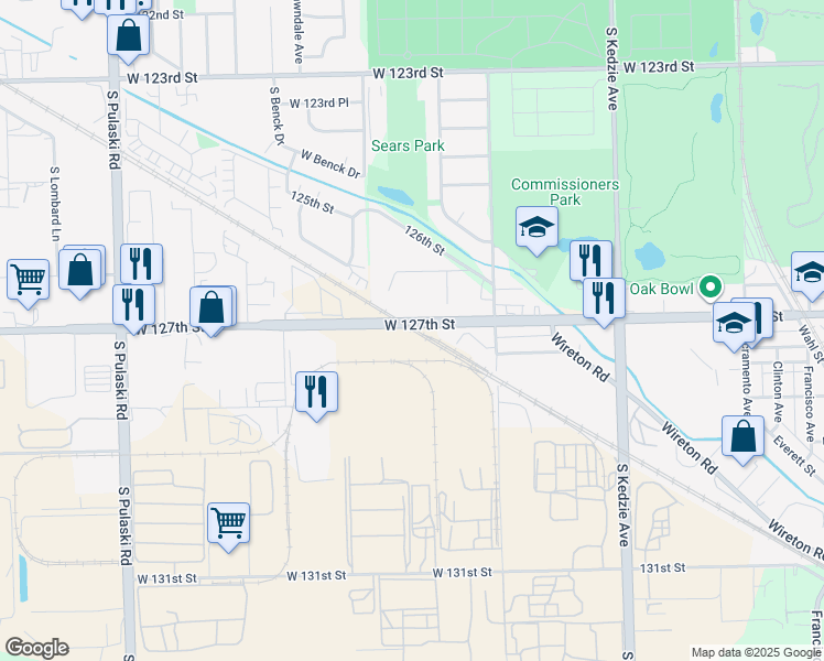 map of restaurants, bars, coffee shops, grocery stores, and more near 3550-3598 West 127th Street in Blue Island