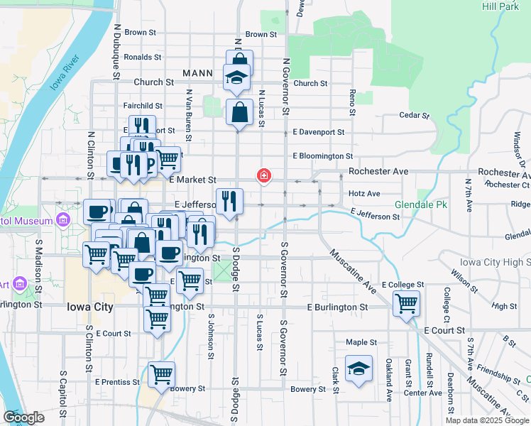 map of restaurants, bars, coffee shops, grocery stores, and more near 810 East Jefferson Street in Iowa City