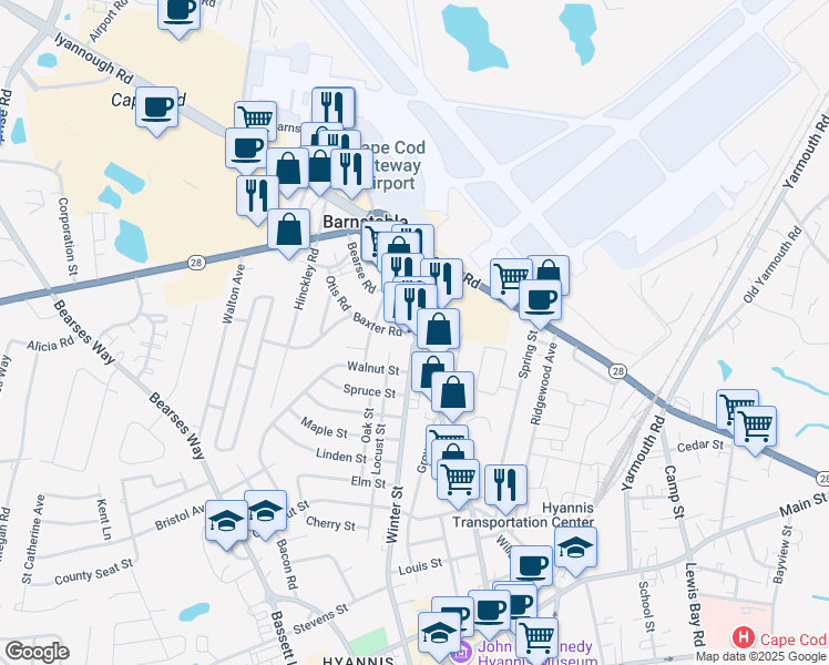 map of restaurants, bars, coffee shops, grocery stores, and more near 322 Barnstable Road in Barnstable