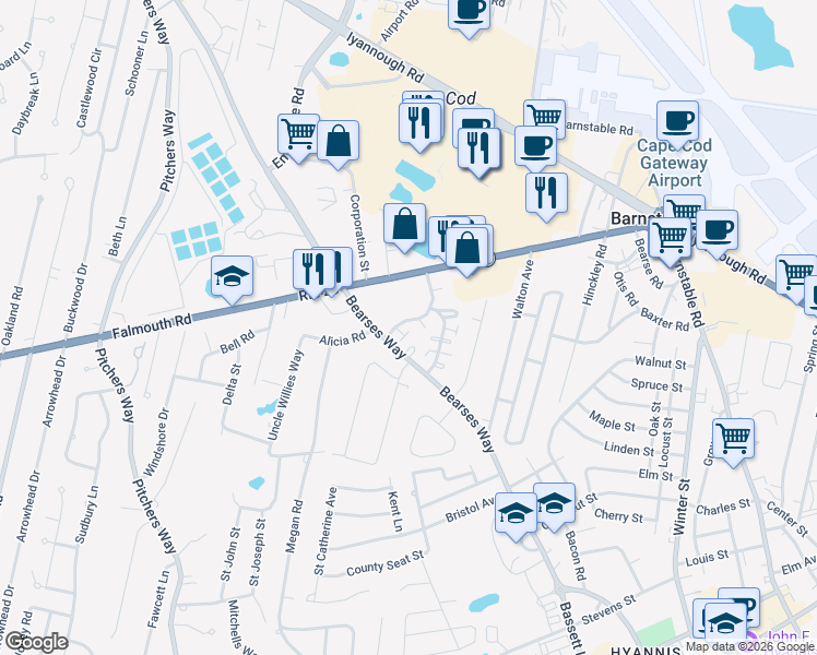 map of restaurants, bars, coffee shops, grocery stores, and more near 17 Hiramar Road in Barnstable