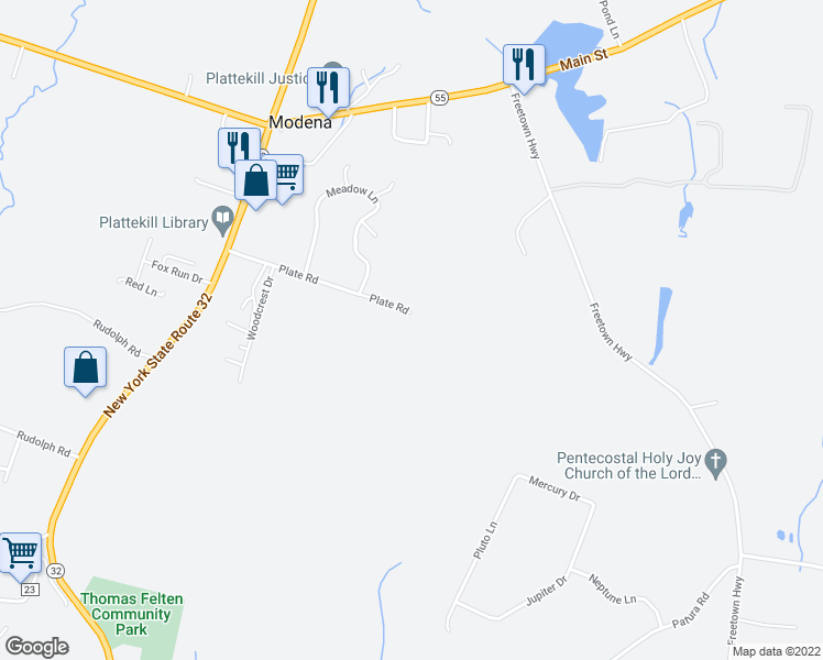 map of restaurants, bars, coffee shops, grocery stores, and more near 120 Plate Road in Modena