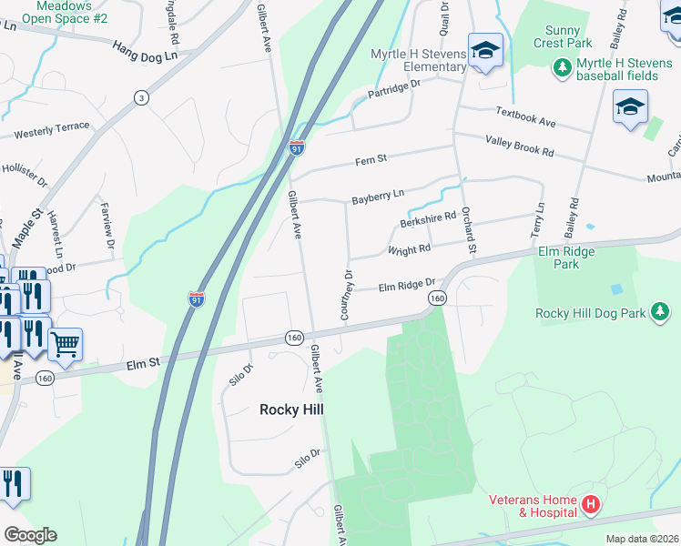 map of restaurants, bars, coffee shops, grocery stores, and more near 77 Courtney Drive in Rocky Hill