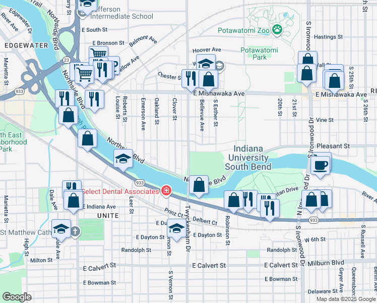 map of restaurants, bars, coffee shops, grocery stores, and more near 1281 South Twyckenham Drive in South Bend