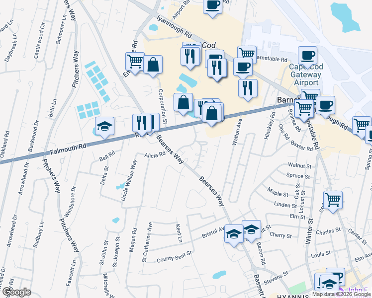 map of restaurants, bars, coffee shops, grocery stores, and more near 17 Hiramar Road in Barnstable