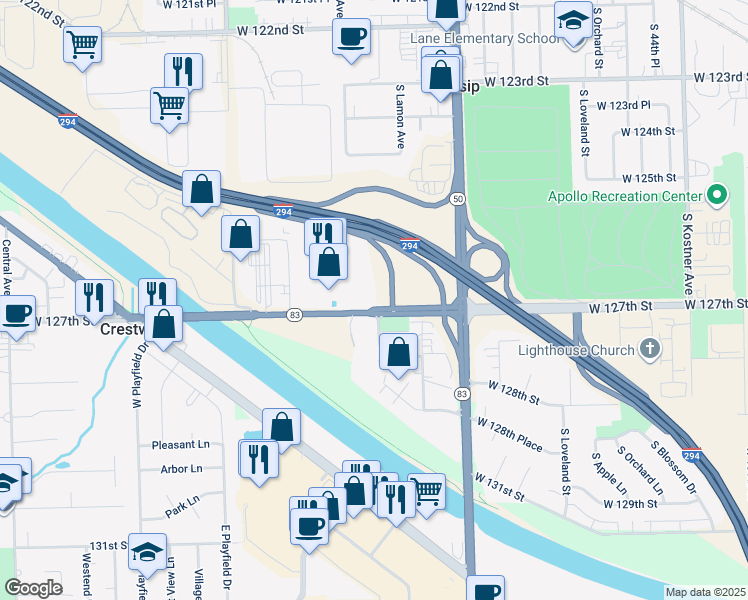 map of restaurants, bars, coffee shops, grocery stores, and more near 5030 West 127th Street in Alsip