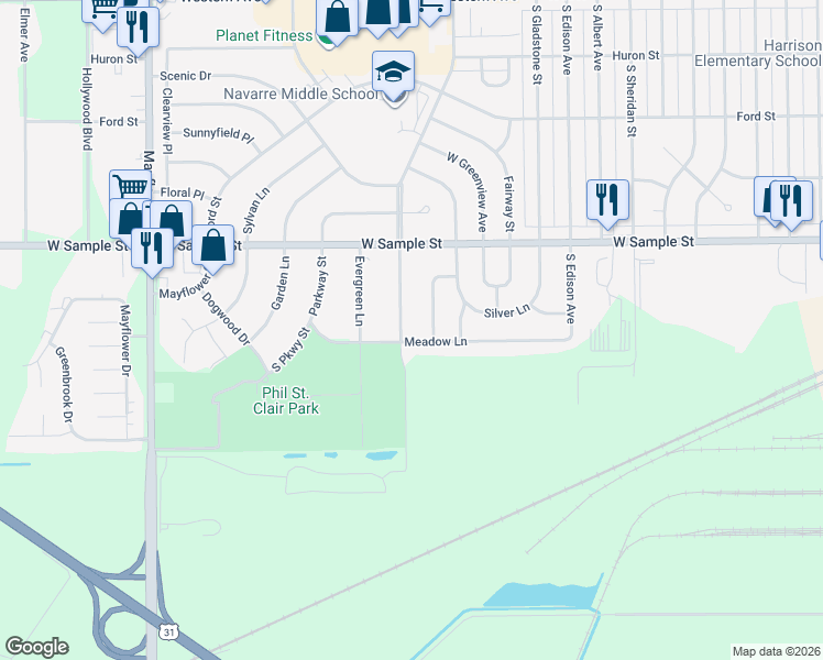 map of restaurants, bars, coffee shops, grocery stores, and more near 1033 Barberry Lane in South Bend