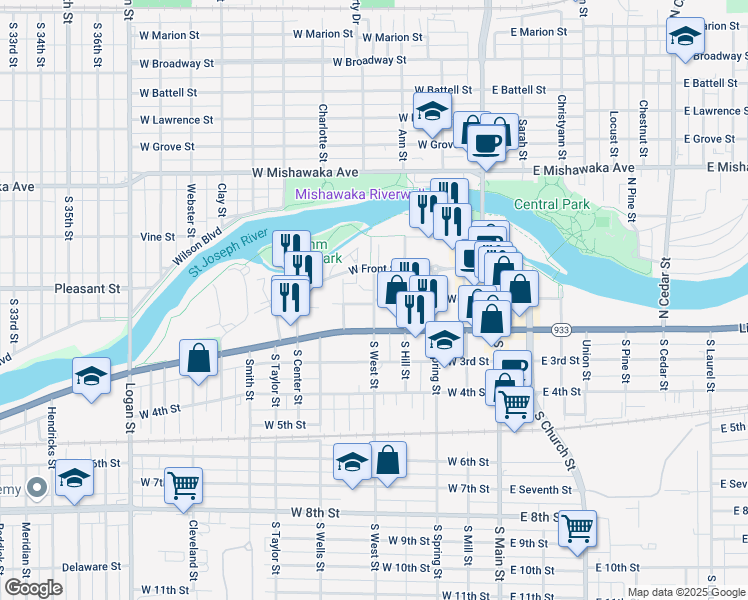 map of restaurants, bars, coffee shops, grocery stores, and more near 200 North West Street in Mishawaka