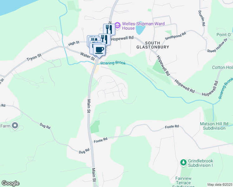 map of restaurants, bars, coffee shops, grocery stores, and more near 120 South Mill Drive in Glastonbury