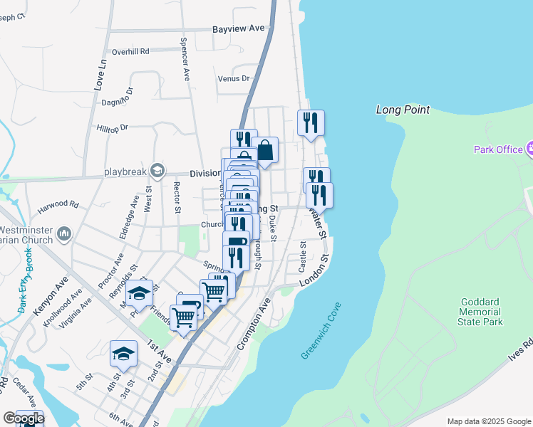 map of restaurants, bars, coffee shops, grocery stores, and more near in East Greenwich