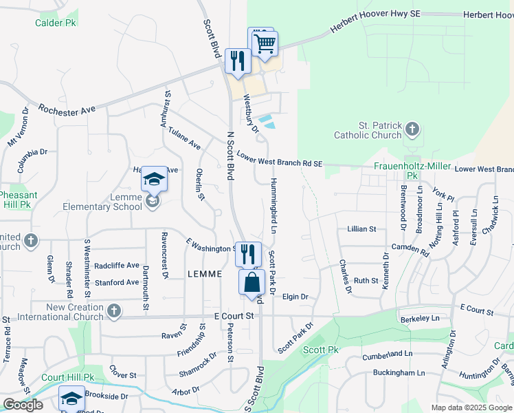 map of restaurants, bars, coffee shops, grocery stores, and more near 1060 Scott Park Drive in Iowa City
