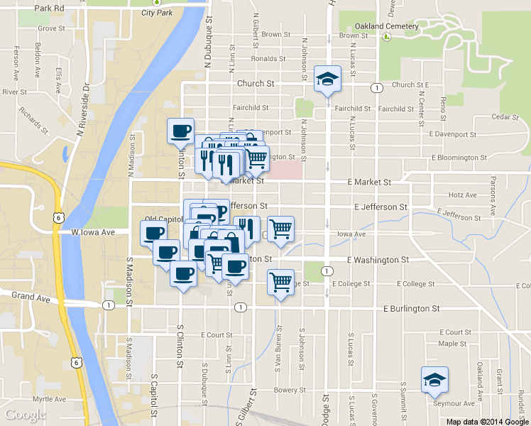 map of restaurants, bars, coffee shops, grocery stores, and more near 404 East Jefferson Street in Iowa City