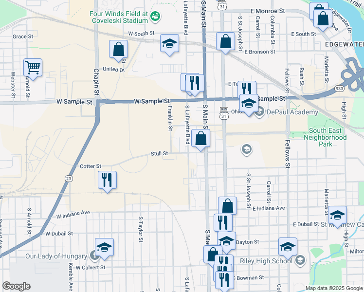 map of restaurants, bars, coffee shops, grocery stores, and more near 1140 Franklin Street in South Bend