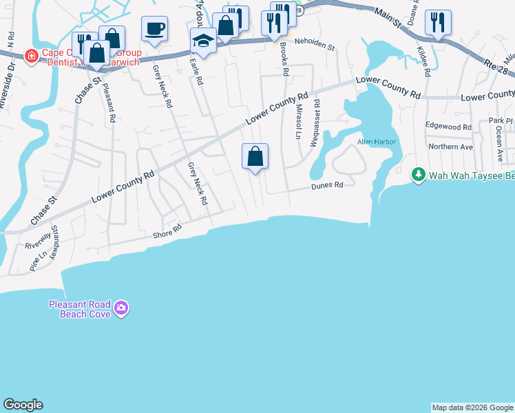 map of restaurants, bars, coffee shops, grocery stores, and more near 16 Ginger Plum Lane in Harwich