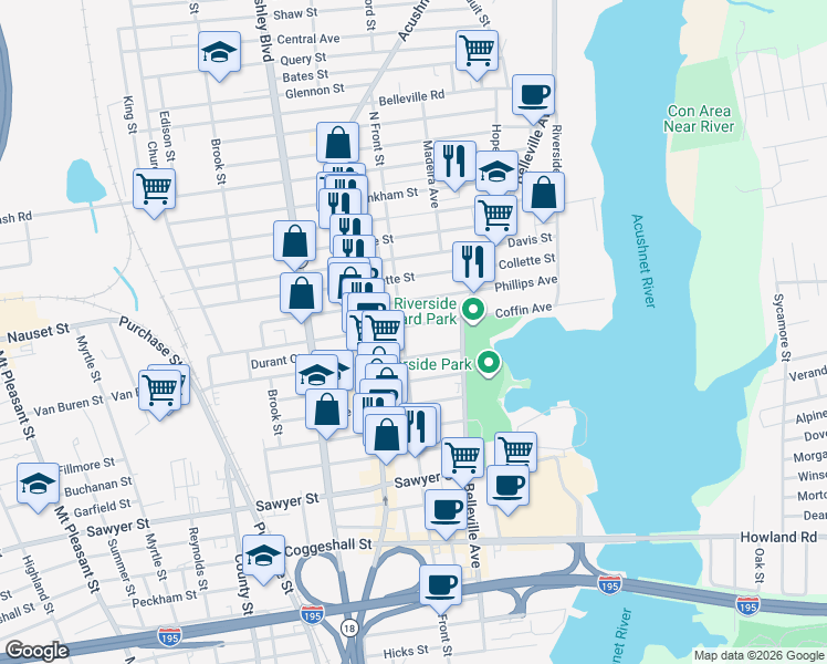 map of restaurants, bars, coffee shops, grocery stores, and more near 215 Coffin Avenue in New Bedford