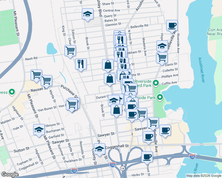 map of restaurants, bars, coffee shops, grocery stores, and more near 260 Phillips Avenue in New Bedford