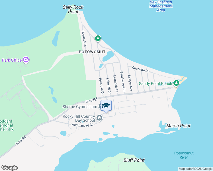 map of restaurants, bars, coffee shops, grocery stores, and more near 50 Primrose Drive in East Greenwich