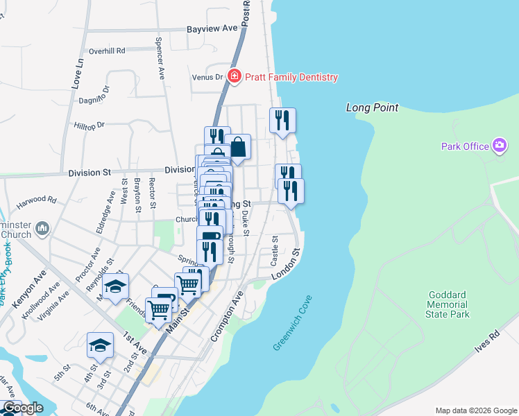 map of restaurants, bars, coffee shops, grocery stores, and more near in East Greenwich