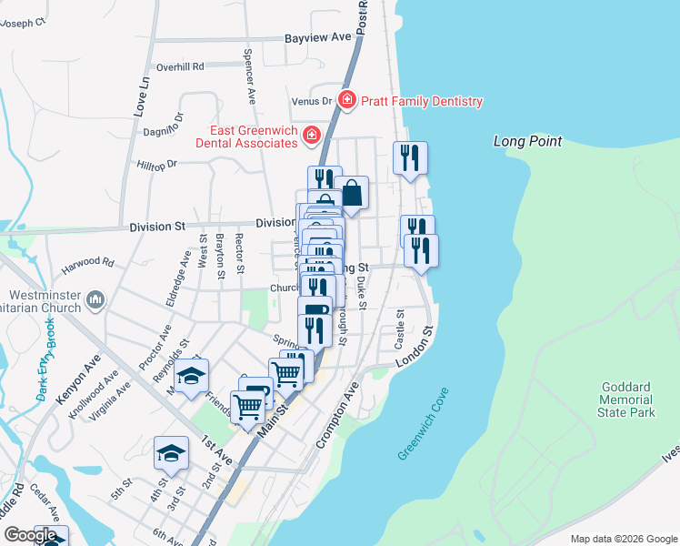 map of restaurants, bars, coffee shops, grocery stores, and more near 6 King Street in East Greenwich