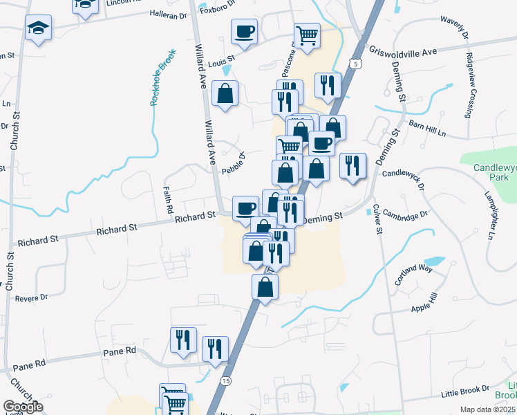 map of restaurants, bars, coffee shops, grocery stores, and more near 22 Gloucester Court in Newington