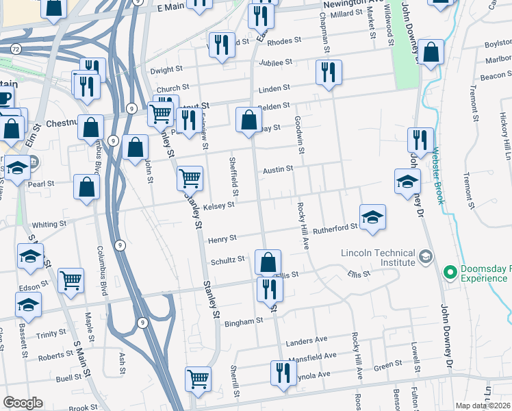 map of restaurants, bars, coffee shops, grocery stores, and more near 351 East Street in New Britain