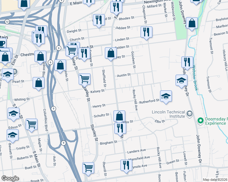 map of restaurants, bars, coffee shops, grocery stores, and more near 351 East Street in New Britain