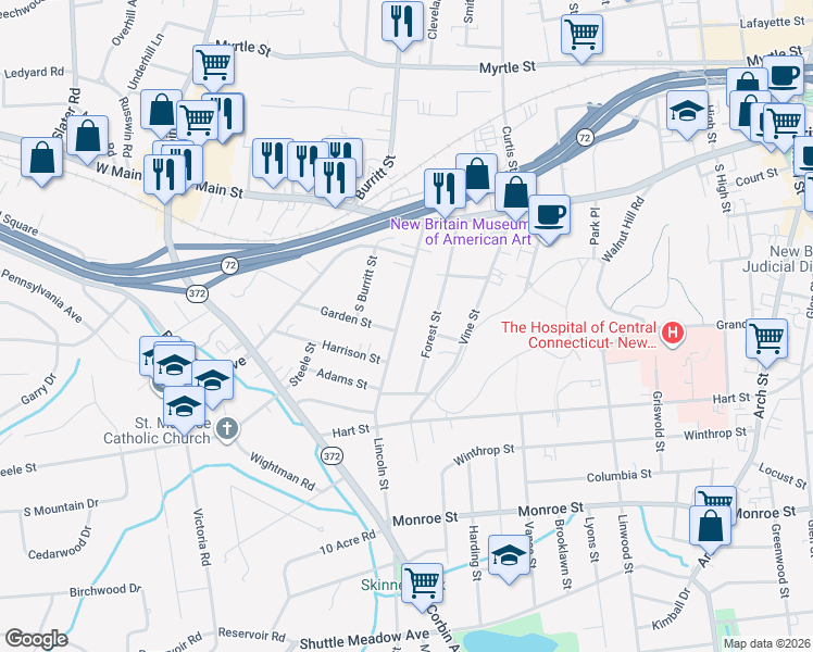 map of restaurants, bars, coffee shops, grocery stores, and more near 105 Lincoln Street in New Britain