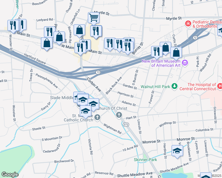 map of restaurants, bars, coffee shops, grocery stores, and more near 133 Black Rock Avenue in New Britain