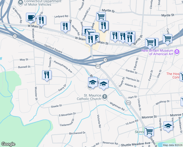 map of restaurants, bars, coffee shops, grocery stores, and more near 329 Black Rock Avenue in New Britain