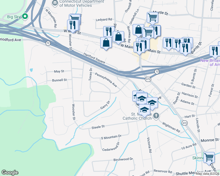 map of restaurants, bars, coffee shops, grocery stores, and more near 66 Garry Drive in New Britain