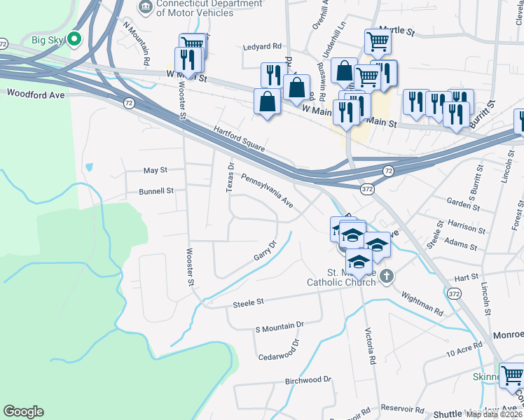 map of restaurants, bars, coffee shops, grocery stores, and more near 66 Garry Drive in New Britain