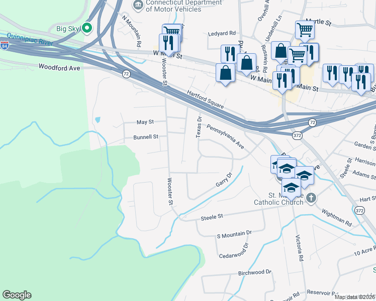 map of restaurants, bars, coffee shops, grocery stores, and more near 103 Texas Drive in New Britain