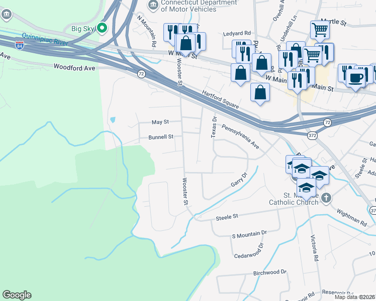map of restaurants, bars, coffee shops, grocery stores, and more near 216 Wooster Street in New Britain