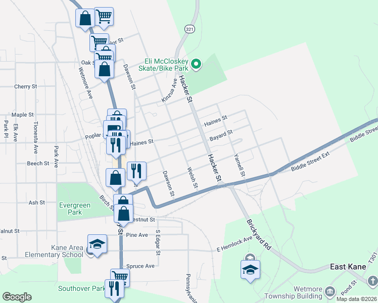 map of restaurants, bars, coffee shops, grocery stores, and more near 301-399 Bayard Street in Kane