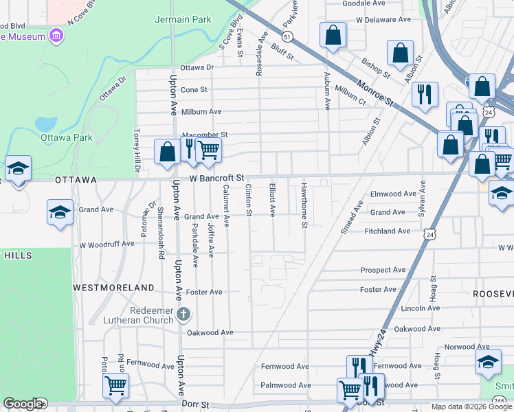 map of restaurants, bars, coffee shops, grocery stores, and more near 2127 Elliott Avenue in Toledo