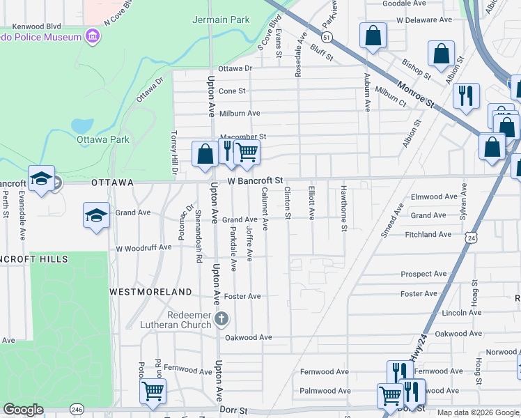map of restaurants, bars, coffee shops, grocery stores, and more near 2132 Joffre Avenue in Toledo