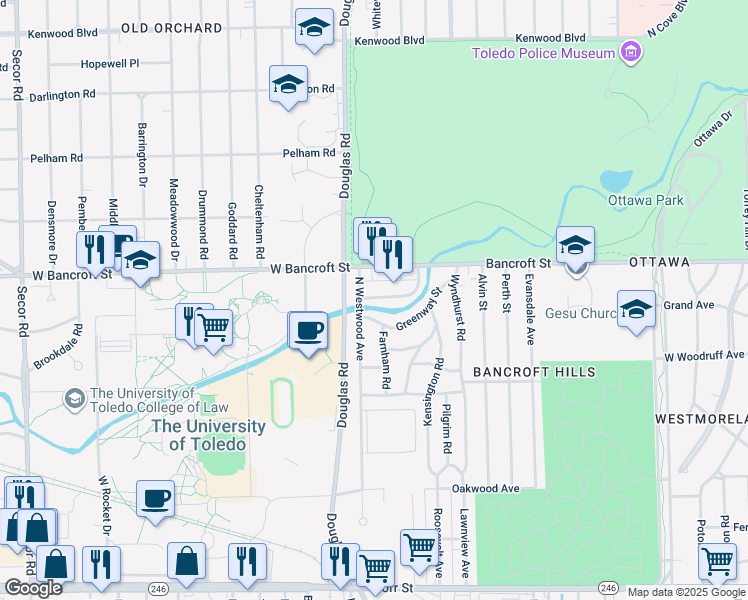 map of restaurants, bars, coffee shops, grocery stores, and more near 2649 West Bancroft Street in Toledo