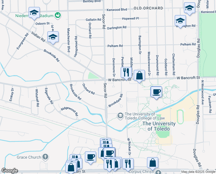 map of restaurants, bars, coffee shops, grocery stores, and more near 2133 Audubon Place in Toledo
