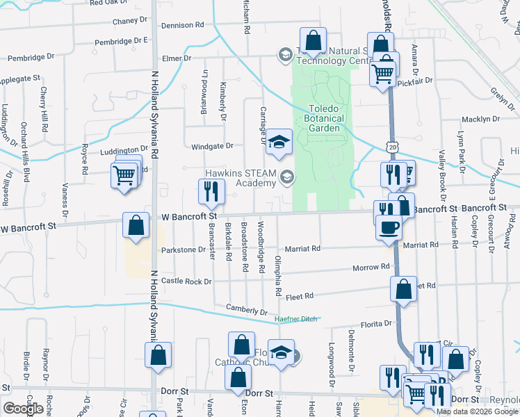 map of restaurants, bars, coffee shops, grocery stores, and more near 2222 Country Squire Lane in Toledo