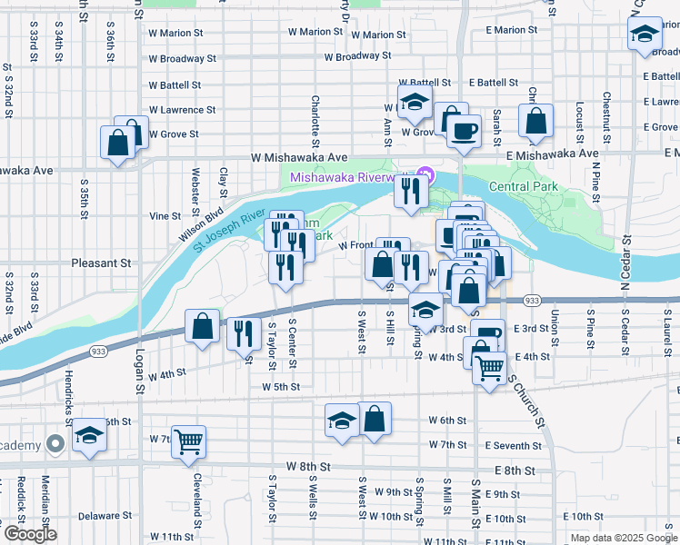 map of restaurants, bars, coffee shops, grocery stores, and more near 521 Vergauwen Court in Mishawaka