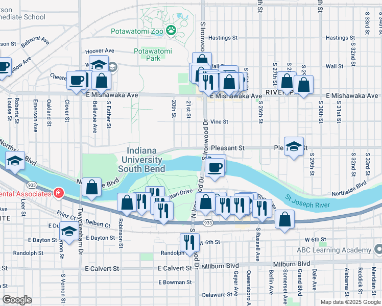 map of restaurants, bars, coffee shops, grocery stores, and more near 1123 21st Street in South Bend