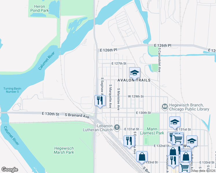 map of restaurants, bars, coffee shops, grocery stores, and more near 12809 South Marquette Avenue in Chicago