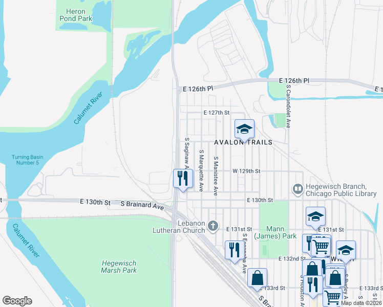 map of restaurants, bars, coffee shops, grocery stores, and more near 12809 South Saginaw Avenue in Chicago