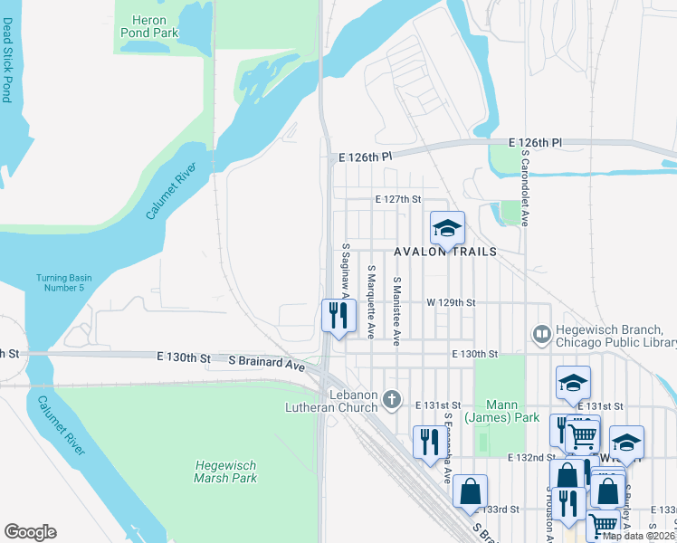 map of restaurants, bars, coffee shops, grocery stores, and more near 12809 South Saginaw Avenue in Chicago