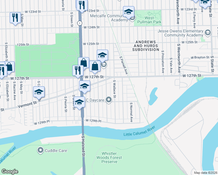 map of restaurants, bars, coffee shops, grocery stores, and more near 12727 South Lowe Avenue in Chicago